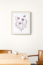 Load image into Gallery viewer, 12” x 16” original watercolor botanical queen anne's lace wildflower painting in an ethereal, expressive, impressionist, minimalist, modern style by contemporary fine artist Elizabeth Becker. Deep maroon, burgundy and white colors. Framed.