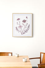 Load image into Gallery viewer, 16” x 20” original watercolor queen anne's lace botanical wildflower painting in an expressive, impressionist, minimalist, modern style by contemporary fine artist Elizabeth Becker. Burgundy, maroon, muted deep purple colors with white background.  Framed.