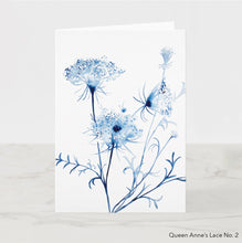 Load image into Gallery viewer, Greeting card featuring print of watercolor paintings by contemporary artist Elizabeth Becker. Blank inside for any occasion. Vintage botanical, floral, Queen Anne's Lace flowers. Expressive, minimalist, modern fine art illustration. Dark blue and white colors.