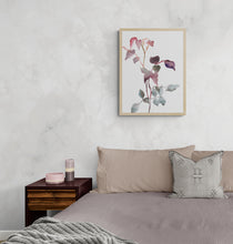 Load image into Gallery viewer, 9” x 12” original watercolor botanical floral rose bush branches and leaves painting in an ethereal, expressive, impressionist, minimalist, modern style by contemporary fine artist Elizabeth Becker. Soft red, pink, mauve purple, light blue green, peach and white colors.