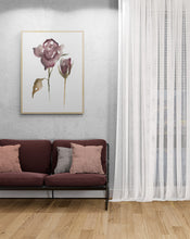 Load image into Gallery viewer, 9” x 12” original watercolor botanical floral rose painting in an ethereal, expressive, impressionist, minimalist, modern style by contemporary fine artist Elizabeth Becker. Soft and deep moody mauve purple, brown, olive green and white colors.