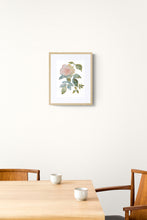 Load image into Gallery viewer, 9" x 12" original watercolor botanical rose floral painting in an expressive, abstract, minimalist, modern, loose, watery style by contemporary fine artist Elizabeth Becker. Tranquil, serene, calming, peaceful boho wall art. Soft pastel blush pink, peach, olive green and teal colors with white background. Framed.