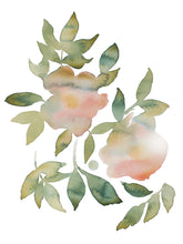 Load image into Gallery viewer, 9" x 12" original watercolor botanical rose floral painting in an expressive, abstract, minimalist, modern, loose, watery style by contemporary fine artist Elizabeth Becker. Tranquil, serene, calming, peaceful boho wall art. Soft muted blush pink, peach and olive green pastel colors with white background.