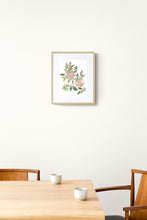 Load image into Gallery viewer, 9" x 12" original watercolor botanical rose floral painting in an expressive, abstract, minimalist, modern, loose, watery style by contemporary fine artist Elizabeth Becker. Tranquil, serene, calming, peaceful boho wall art. Soft muted blush pink, peach and olive green pastel colors with white background. Framed.