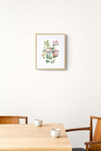 Load image into Gallery viewer, 9" x 12" original watercolor botanical rose floral painting in an expressive, abstract, minimalist, modern, loose, watery style by contemporary fine artist Elizabeth Becker. Tranquil, serene, calming, peaceful boho wall art. Soft muted pale pink, peach and olive green pastel colors with white background. Framed.