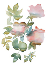 Load image into Gallery viewer, 9" x 12" original watercolor botanical rose floral painting in an expressive, abstract, minimalist, modern, loose, watery style by contemporary fine artist Elizabeth Becker. Tranquil, serene, calming, peaceful boho wall art. Soft muted pale pink, peach and olive green pastel colors with white background.