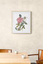 Load image into Gallery viewer, 16” x 20” original watercolor botanical floral wild rose painting in an expressive, minimalist, modern style by contemporary fine artist Elizabeth Becker. Muted dark pink and olive green colors with white background. Framed in dining room. Prints available.