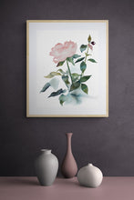 Load image into Gallery viewer, 16" x 20" original watercolor botanical rose floral painting in an expressive, abstract, minimalist, modern, loose, watery style by contemporary fine artist Elizabeth Becker. Tranquil, serene, calming, peaceful boho wall art. Soft muted pink and dark green colors with white background. Framed in a room.
