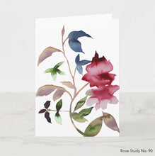 Load image into Gallery viewer, Greeting card featuring print of watercolor painting by contemporary artist Elizabeth Becker. Blank inside for any occasion. Botanical, floral, abstract rose flowers. Red, soft peach, gray, olive green and white colors.  Loose, expressive, minimalist, modern watercolor art.