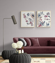 Load image into Gallery viewer, 16” x 20” original watercolor botanical shadow floral painting in an expressive, impressionist, minimalist, modern style by contemporary fine artist Elizabeth Becker. Soft watery monochromatic mauve purple, gray, black and white colors.