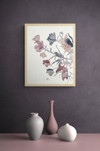 Load image into Gallery viewer, 16” x 20” original watercolor botanical shadow floral painting in an expressive, impressionist, minimalist, modern style by contemporary fine artist Elizabeth Becker. Soft watery monochromatic mauve purple, gray, black and white colors.
