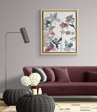 Load image into Gallery viewer, 16” x 20” original watercolor botanical shadow floral painting in an expressive, impressionist, minimalist, modern style by contemporary fine artist Elizabeth Becker. Soft watery monochromatic mauve purple, red, gray, black and white colors.