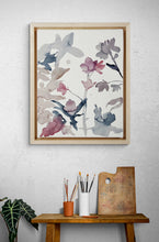 Load image into Gallery viewer, 16” x 20” original watercolor botanical shadow floral painting in an expressive, impressionist, minimalist, modern style by contemporary fine artist Elizabeth Becker. Soft watery monochromatic mauve purple, red, gray, black and white colors.