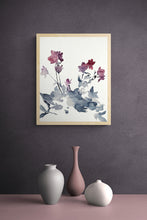 Load image into Gallery viewer, 16” x 20” original watercolor botanical shadow floral painting in an expressive, impressionist, minimalist, modern style by contemporary fine artist Elizabeth Becker. Soft watery monochromatic mauve purple, red, gray, black and white colors.