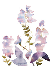 Load image into Gallery viewer, 9" x 12" original watercolor botanical snapdragons floral painting in an expressive, abstract, minimalist, modern, loose, watery style by contemporary fine artist Elizabeth Becker. Tranquil, serene, calming, peaceful boho wall art. Soft muted pale pink, purple and olive colors with white background.