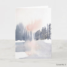 Load image into Gallery viewer, Greeting card featuring print of watercolor painting by contemporary artist Elizabeth Becker. Blank inside for any occasion. Abstract landscape. Foggy pines lake scene. Expressive, impressionist, minimalist, modern. Pale pink, light peach, soft gray, lavender purple and white colors.  Loose, expressive, minimalist, modern watercolor art.