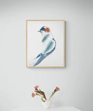 Load image into Gallery viewer, 9” x 12” original watercolor barn swallow wildlife bird painting in an ethereal, expressive, impressionist, minimalist, modern style by contemporary fine artist Elizabeth Becker. Soft pastel blue green, turquoise, teal, orange and white colors.