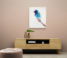 Load image into Gallery viewer, 9” x 12” original watercolor barn swallow wildlife bird painting in an ethereal, expressive, impressionist, minimalist, modern style by contemporary fine artist Elizabeth Becker. Soft watery blue, mauve, red and white colors.