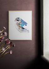 Load image into Gallery viewer, 9” x 12” original watercolor barn swallow wildlife bird painting in an ethereal, expressive, impressionist, minimalist, modern style by contemporary fine artist Elizabeth Becker. Soft watery blue green, turquoise, teal, gray and white colors.