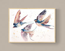 Load image into Gallery viewer, 30" x 40" original watercolor painting on canvas of flying barn swallow birds. Varnished and ready-to-hang. Expressive, impressionist, loose, watery, minimalist, modern style by contemporary fine artist Elizabeth Becker. Prints available. Dark blue, peach, mauve purple and white.