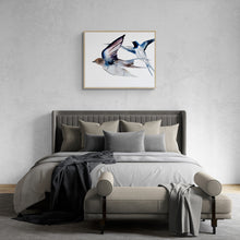 Load image into Gallery viewer, 16” x 20” original watercolor pair or couple of flying swallow birds painting in an expressive, impressionist, minimalist, modern style by contemporary fine artist Elizabeth Becker. Soft watery monochromatic ink blue, purple, brown, gray and white colors.