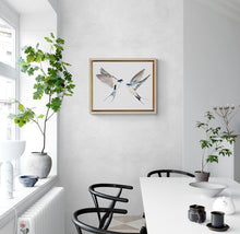 Load image into Gallery viewer, 16” x 20” original watercolor pair or couple of flying swallow birds painting in an expressive, impressionist, minimalist, modern style by contemporary fine artist Elizabeth Becker. Soft pink, peach, gray, ink blue and white colors.