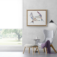 Load image into Gallery viewer, 16” x 20” original watercolor pair or couple of flying barn swallow birds painting in an expressive, impressionist, minimalist, modern style by contemporary fine artist Elizabeth Becker. Soft peach, blue, gray, plum or eggplant purple and white colors.