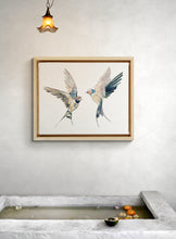 Load image into Gallery viewer, 18” x 24” original watercolor pair or couple of flying barn swallow birds painting in an expressive, impressionist, minimalist, modern style by contemporary fine artist Elizabeth Becker. Soft pale pink, peach, ink blue, gray and white colors.