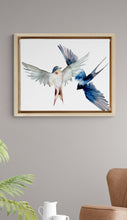 Load image into Gallery viewer, 16” x 20” original watercolor pair or couple of flying swallow birds painting in an expressive, impressionist, minimalist, modern style by contemporary fine artist Elizabeth Becker. Soft peach, gray, ink blue and white colors.