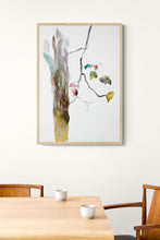 Load image into Gallery viewer, 9” x 12” original watercolor botanical nature painting of plant, leaves and tree branches in an expressive, impressionist, minimalist, modern style by contemporary fine artist Elizabeth Becker. Soft watery pink, olive green, gray and white colors. Soft muted neutral green, gold, yellow ochre, brown, gray and white colors.