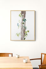 Load image into Gallery viewer, 9” x 12” original watercolor botanical nature painting of tree and leaves in an expressive, impressionist, minimalist, modern style by contemporary fine artist Elizabeth Becker. Soft blue, green, gold, gray and white colors.