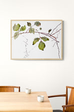 Load image into Gallery viewer, 11” x 15” original watercolor botanical nature tree painting in an expressive, impressionist, minimalist, modern style by contemporary fine artist Elizabeth Becker. Soft monochromatic gold green, purple and white colors.