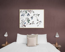 Load image into Gallery viewer, 9” x 12” original watercolor botanical nature painting of plant, leaves and tree branches in an expressive, impressionist, minimalist, modern style by contemporary fine artist Elizabeth Becker. Soft muted monochromatic mauve purple, blue, gray, green and white colors.