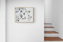 Load image into Gallery viewer, 9” x 12” original watercolor botanical nature painting of plant, leaves and tree branches in an expressive, impressionist, minimalist, modern style by contemporary fine artist Elizabeth Becker. Soft muted monochromatic mauve purple, blue, gray, green and white colors.