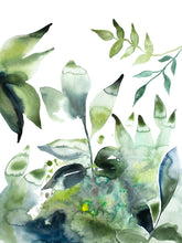 Load image into Gallery viewer, 16" x 20" original watercolor botanical ferns and leaves painting in an expressive, impressionist, minimalist, modern style by contemporary fine artist Elizabeth Becker. Monochromatic green, black and white colors.