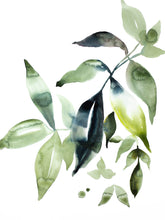 Load image into Gallery viewer, 16" x 20" original watercolor botanical ferns and leaves painting in an expressive, impressionist, minimalist, modern style by contemporary fine artist Elizabeth Becker. Monochromatic green, yellow, black and white colors.