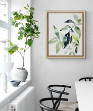 Load image into Gallery viewer, 16" x 20" original watercolor botanical ferns and leaves painting in an expressive, impressionist, minimalist, modern style by contemporary fine artist Elizabeth Becker. Monochromatic green, yellow, black and white colors.