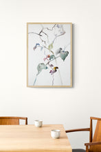 Load image into Gallery viewer, 9” x 12” original watercolor botanical nature painting of plant, leaves and tree branches in an expressive, impressionist, minimalist, modern style by contemporary fine artist Elizabeth Becker. Soft watery muted monochromatic green, gray, pink, eggplant purple and white colors.