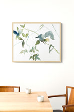 Load image into Gallery viewer, 16" x 20" original watercolor botanical ferns and leaves painting in an expressive, impressionist, minimalist, modern style by contemporary fine artist Elizabeth Becker. Soft monochromatic blue green, olive, gold and white colors.