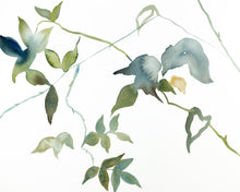 Load image into Gallery viewer, 16" x 20" original watercolor botanical ferns and leaves painting in an expressive, impressionist, minimalist, modern style by contemporary fine artist Elizabeth Becker. Soft monochromatic blue green, olive, gold and white colors.