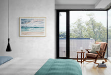 Load image into Gallery viewer, 25.5” x 36” original watercolor abstract sunset beachscape painting in an expressive, impressionist, minimalist, modern watery style by contemporary fine artist Elizabeth Becker. Soft watery blue green, teal, gray, peach and white colors. Serene, calming, serene, tranquil and peaceful ocean seascape wall art.