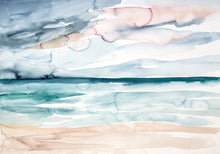 Load image into Gallery viewer, 25.5” x 36” original watercolor abstract sunset beachscape painting in an expressive, impressionist, minimalist, modern watery style by contemporary fine artist Elizabeth Becker. Soft watery blue green, teal, gray, peach and white colors. Serene, calming, serene, tranquil and peaceful ocean seascape wall art.