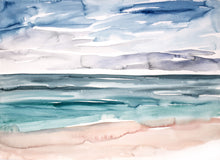 Load image into Gallery viewer, 25.5” x 36” original watercolor abstract sunset beachscape painting in an expressive, impressionist, minimalist, modern watery style by contemporary fine artist Elizabeth Becker. Soft watery blue green, teal, gray, peach and white colors. Serene, calming, serene, tranquil and peaceful ocean seascape wall art.