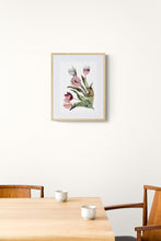 Load image into Gallery viewer, 11" x 15" original watercolor botanical tulips floral bouquet painting in an expressive, loose, watery, minimalist, modern style by contemporary fine artist Elizabeth Becker. Prints available. Muted soft mauve, dark pink, maroon red, lavender purple, olive green and white colors. Framed.