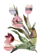 Load image into Gallery viewer, 11&quot; x 15&quot; original watercolor botanical tulips floral bouquet painting in an expressive, loose, watery, minimalist, modern style by contemporary fine artist Elizabeth Becker. Prints available. Muted soft mauve, dark pink, maroon red, lavender purple, olive green and white colors.
