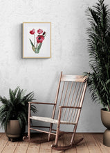 Load image into Gallery viewer, 11" x 15" original watercolor botanical tulips floral bouquet painting in an expressive, loose, watery, minimalist, modern style by contemporary fine artist Elizabeth Becker. Prints available. Red, black, dark olive green and white colors. Framed.
