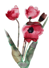 Load image into Gallery viewer, 11" x 15" original watercolor botanical tulips floral bouquet painting in an expressive, loose, watery, minimalist, modern style by contemporary fine artist Elizabeth Becker. Prints available. Red, black, dark olive green and white colors.