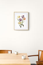 Load image into Gallery viewer, 11" x 15" original watercolor botanical tulips floral bouquet painting in an expressive, loose, watery, minimalist, modern style by contemporary fine artist Elizabeth Becker. Prints available. Muted yellow, purple, peach fuzz, dark olive green and white colors. Framed.