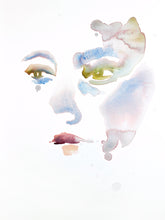 Load image into Gallery viewer, 9" x 12" original watercolor abstract portrait painting in an expressive, impressionist, minimalist, modern style by contemporary fine artist Elizabeth Becker. Soft watery pastel pale blue, red and white colors.