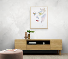 Load image into Gallery viewer, 9" x 12" original watercolor abstract portrait painting in an expressive, impressionist, minimalist, modern style by contemporary fine artist Elizabeth Becker. Soft watery pastel pale blue, red and white colors.